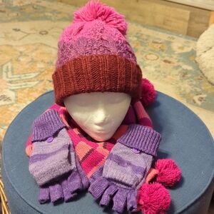Adorable fuchsia purple and pink pom pom hat with scarf and gloves bundle